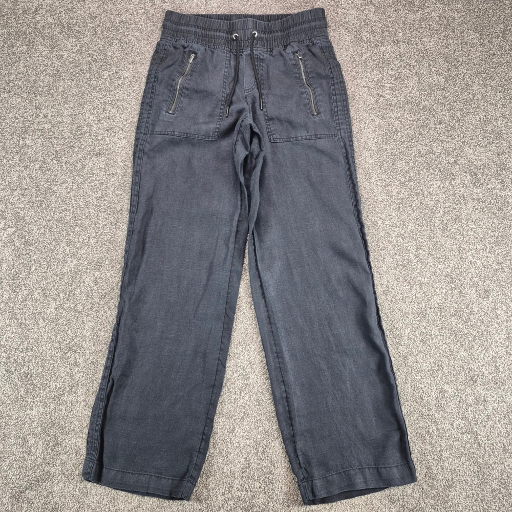 Athleta Cabo Linen Wide Leg Pant Womens 0 Black Elastic Waistband Zip Pockets
